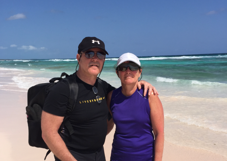 Dave and Rosemary Altobelli on the beach in the Bahamas on a drone photoshoot